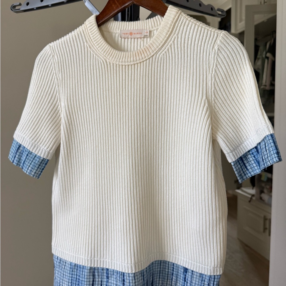 Tory Burch White and Blue Short Sleeve Tee